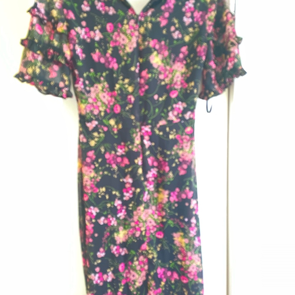 Black floral faux wrap midi dress with ruffle trim